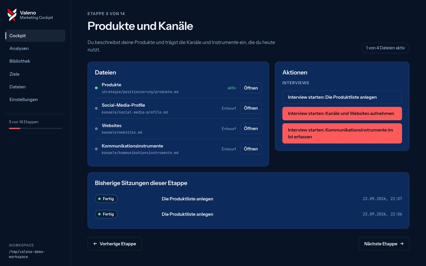 Eine Etappe mit ihren Dateien und Interviews